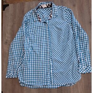Crown & Ivy Poplin Gingham Print Checkered Teal Blue & White Long Sleeve Men L
